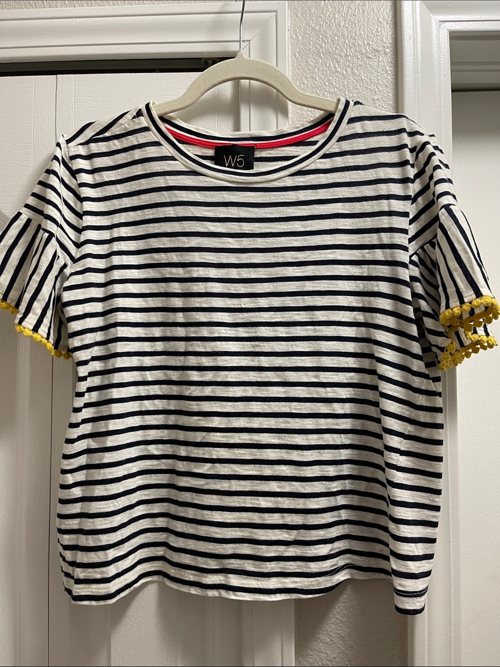 W5 Navy & White Striped Tee with Yellow Pom Trim
